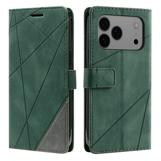 For iPhone 17 Pro Max Case Imprinted Lines PU Leather Splicing Wallet Phone Cover - Green