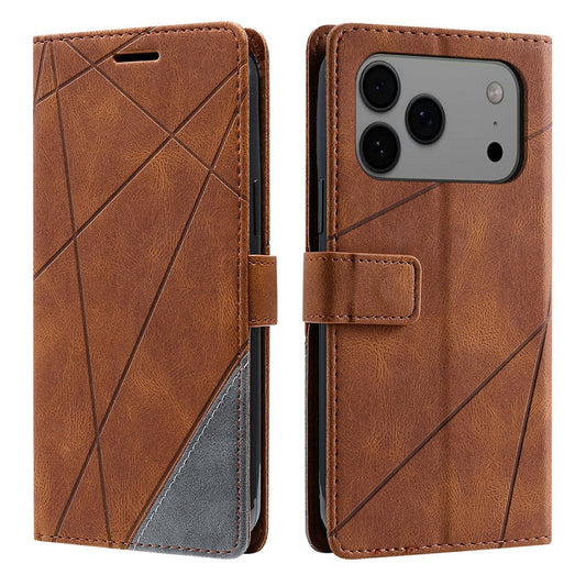 For iPhone 17 Pro Max Case Imprinted Lines PU Leather Splicing Wallet Phone Cover - Brown