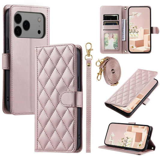 For iPhone 17 Pro Max Case Wallet Rhombus Grid PU Leather Phone Cover - Rose Gold