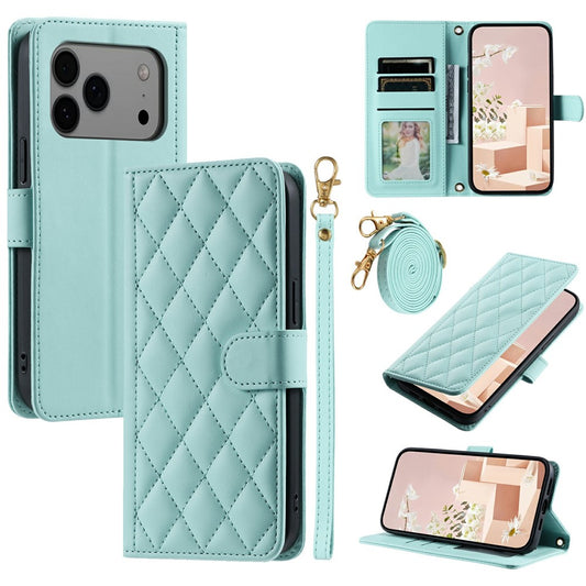 For iPhone 17 Pro Max Case Wallet Rhombus Grid PU Leather Phone Cover - Mint Green