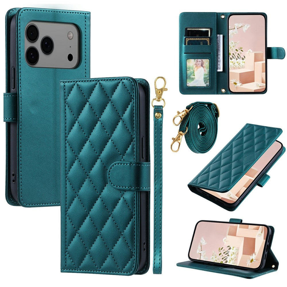 For iPhone 17 Pro Max Case Wallet Rhombus Grid PU Leather Phone Cover - Green