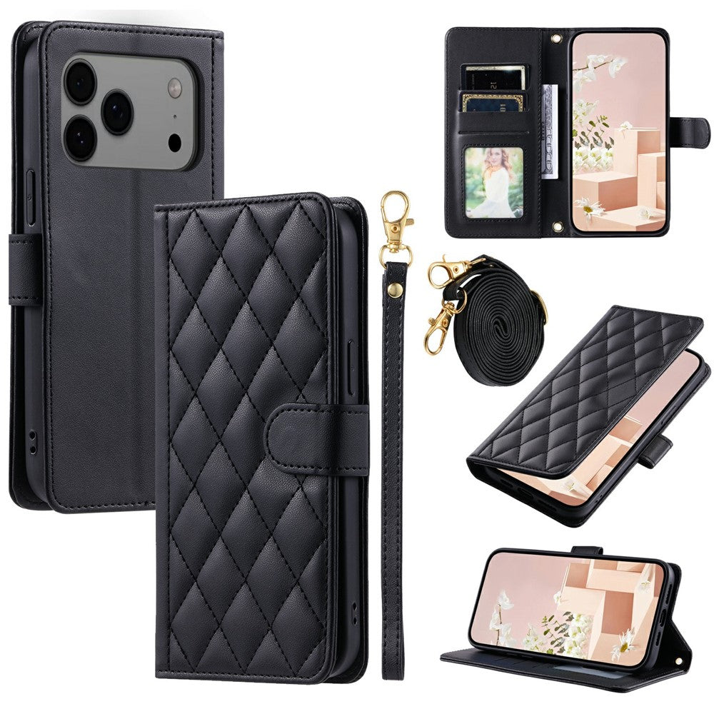 For iPhone 17 Pro Max Case Wallet Rhombus Grid PU Leather Phone Cover - Black