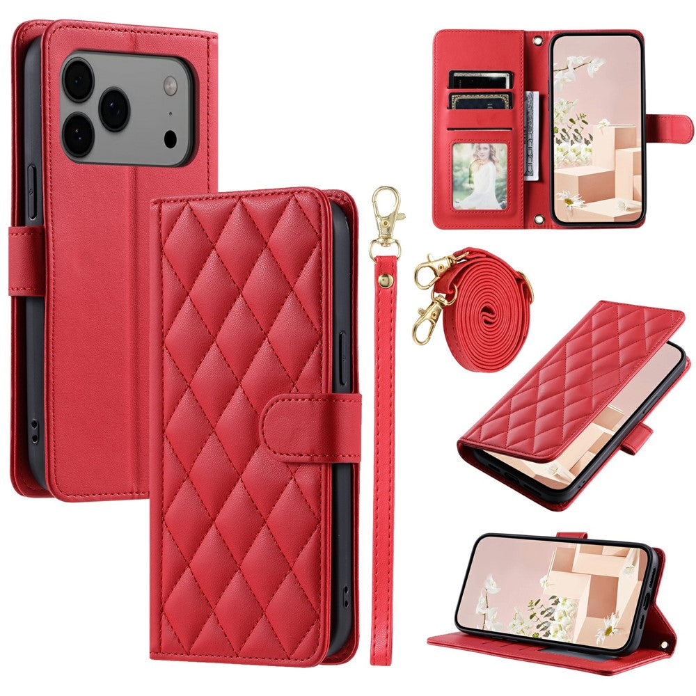 For iPhone 17 Pro Max Case Wallet Rhombus Grid PU Leather Phone Cover - Red