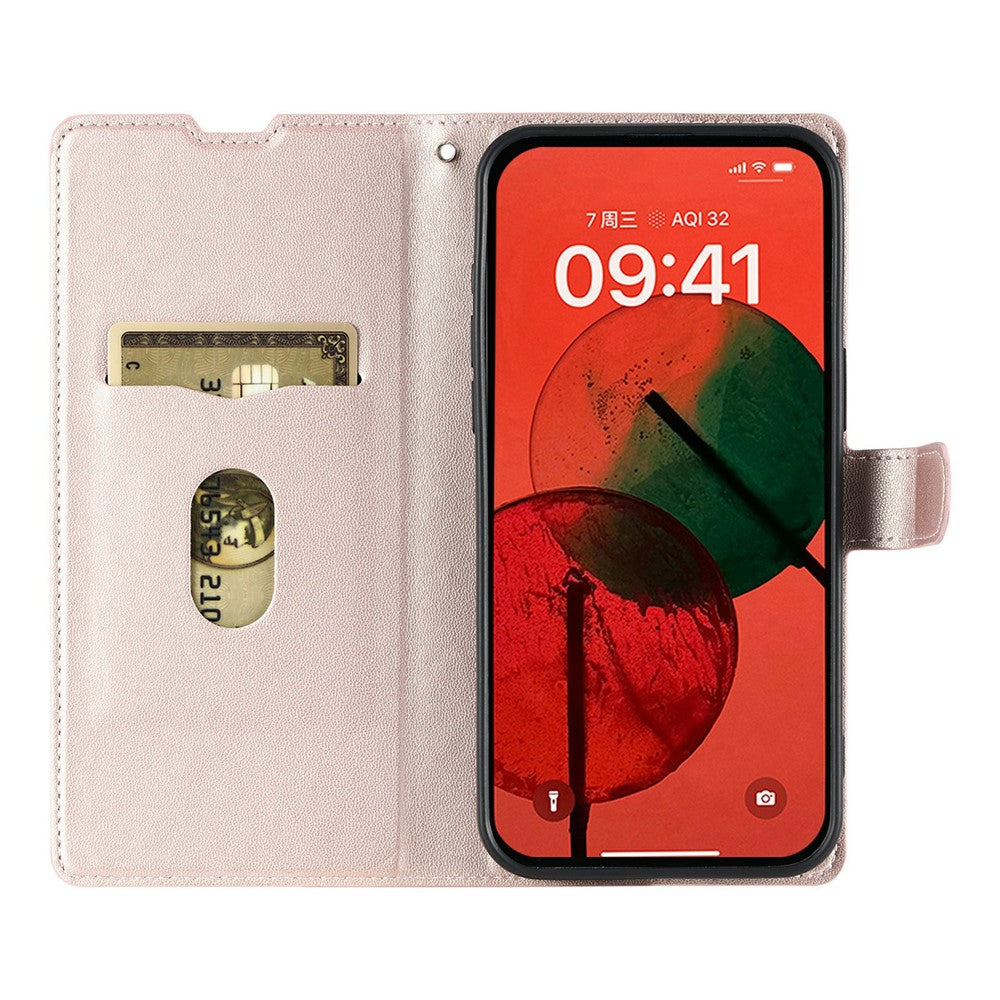 For iPhone 17 Pro Max Case Dots Imprinted PU Leather Flip Phone Cover with Card Slot, Strap - Rose Gold