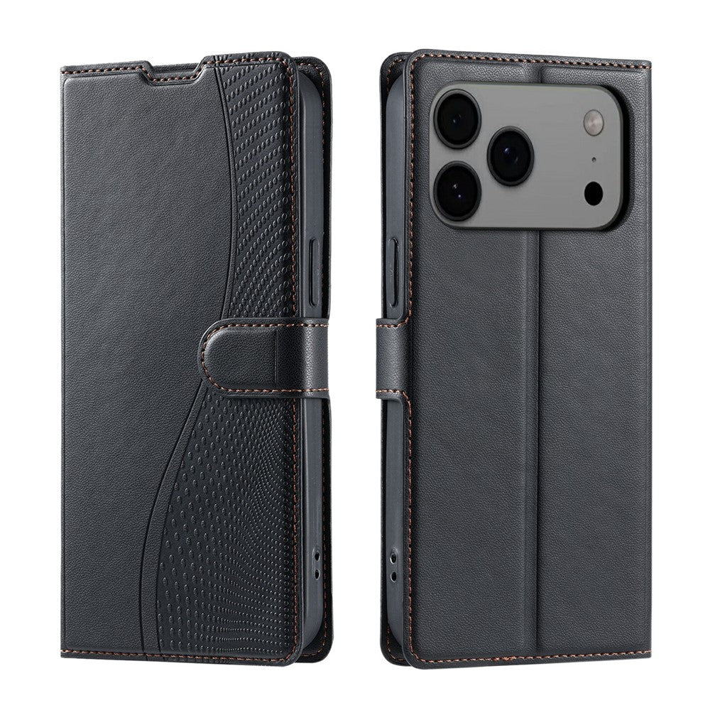 For iPhone 17 Pro Max Case Dots Imprinted PU Leather Flip Phone Cover with Card Slot, Strap - Black