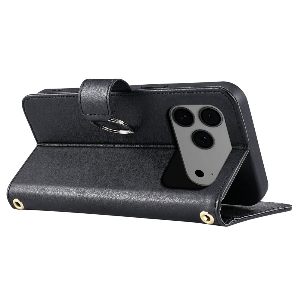 For iPhone 17 Pro Max Case Ring Buckle Wallet Stand Rhombus Crossbody Leather Mobile Cover - Black