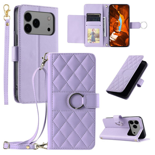 For iPhone 17 Pro Max Case Ring Buckle Wallet Stand Rhombus Crossbody Leather Mobile Cover - Purple