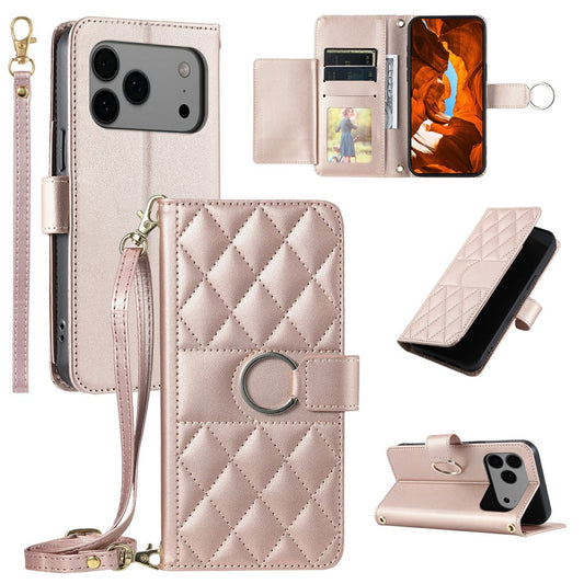 For iPhone 17 Pro Max Case Ring Buckle Wallet Stand Rhombus Crossbody Leather Mobile Cover - Rose Gold