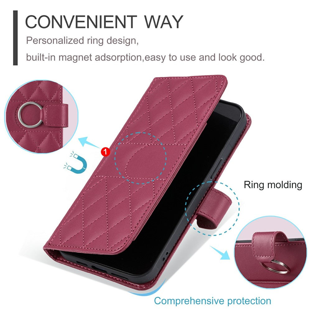 For iPhone 17 Pro Max Case Ring Buckle Wallet Stand Rhombus Crossbody Leather Mobile Cover - Red