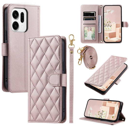 For Oppo Reno14 Pro 5G (Global) Case Wallet Rhombus Grid PU Leather Phone Cover with Shoulder Strap / Wrist Strap - Rose Gold
