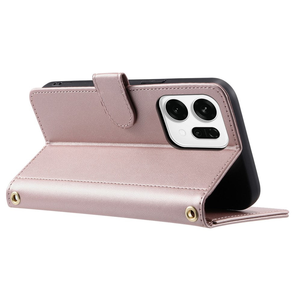For Oppo Reno14 Pro 5G (Global) Case Wallet Rhombus Grid PU Leather Phone Cover with Shoulder Strap / Wrist Strap - Rose Gold