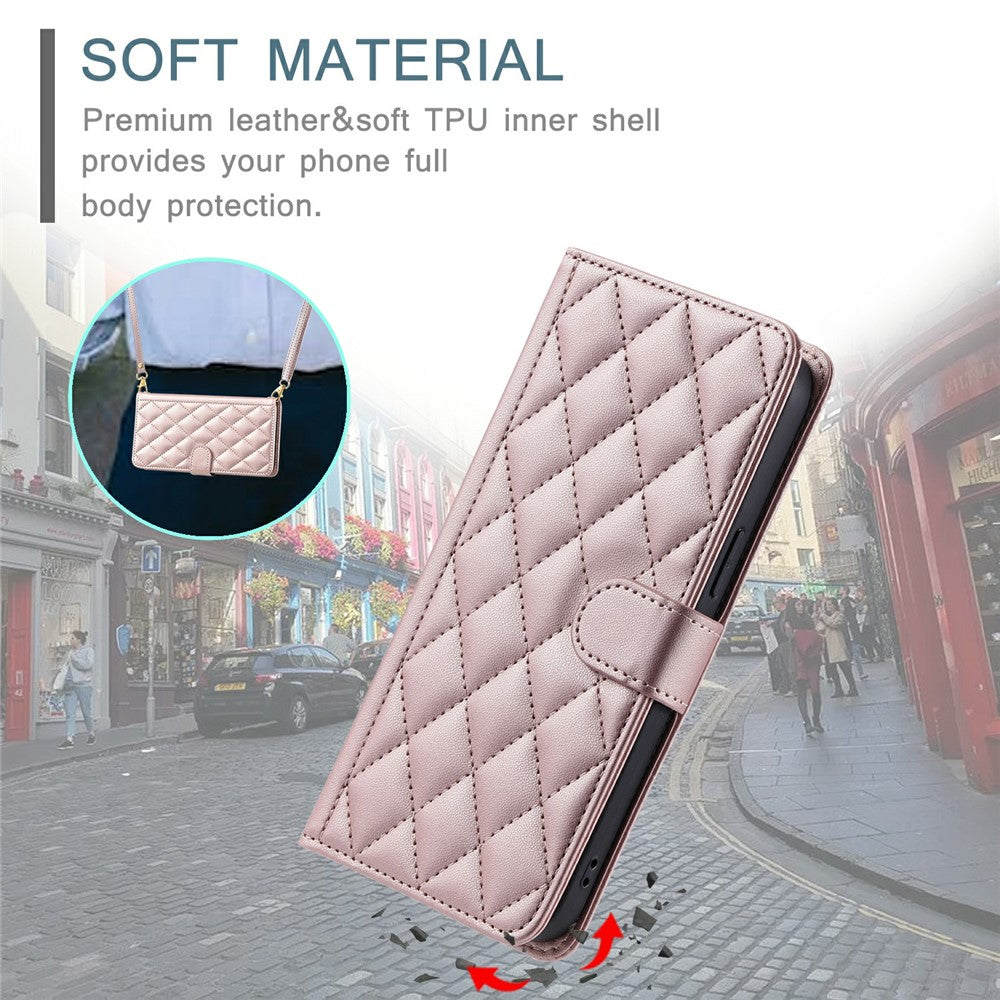 For Oppo Reno14 Pro 5G (Global) Case Wallet Rhombus Grid PU Leather Phone Cover with Shoulder Strap / Wrist Strap - Rose Gold