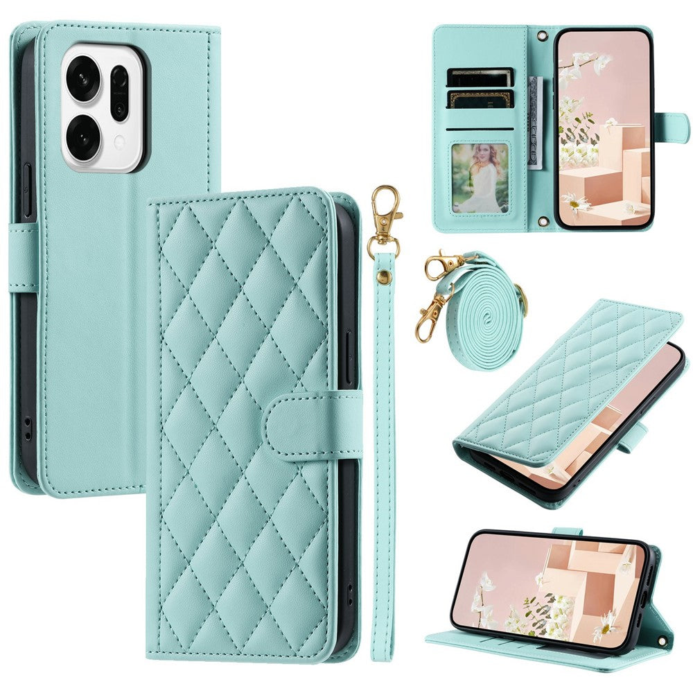 For Oppo Reno14 Pro 5G (Global) Case Wallet Rhombus Grid PU Leather Phone Cover with Shoulder Strap / Wrist Strap - Mint Green