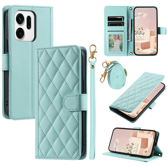 For Oppo Reno14 Pro 5G (Global) Case Wallet Rhombus Grid PU Leather Phone Cover with Shoulder Strap / Wrist Strap - Mint Green