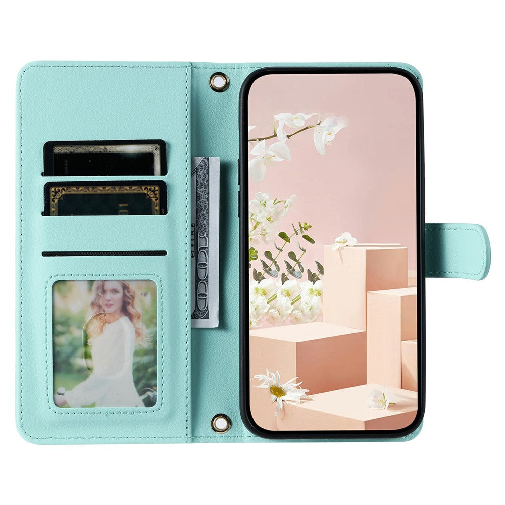 For Oppo Reno14 Pro 5G (Global) Case Wallet Rhombus Grid PU Leather Phone Cover with Shoulder Strap / Wrist Strap - Mint Green