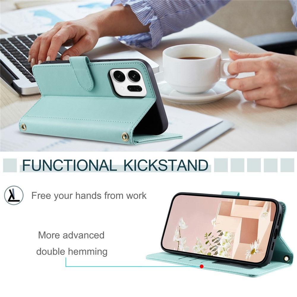 For Oppo Reno14 Pro 5G (Global) Case Wallet Rhombus Grid PU Leather Phone Cover with Shoulder Strap / Wrist Strap - Mint Green