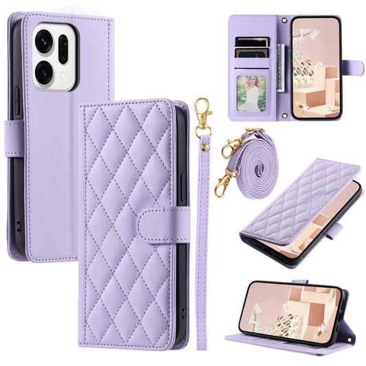 For Oppo Reno14 Pro 5G (Global) Case Wallet Rhombus Grid PU Leather Phone Cover with Shoulder Strap / Wrist Strap - Purple