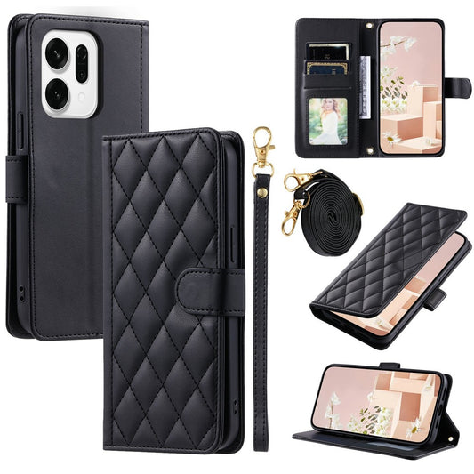 For Oppo Reno14 Pro 5G (Global) Case Wallet Rhombus Grid PU Leather Phone Cover with Shoulder Strap / Wrist Strap - Black