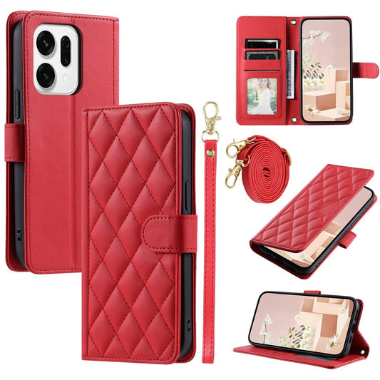 For Oppo Reno14 Pro 5G (Global) Case Wallet Rhombus Grid PU Leather Phone Cover with Shoulder Strap / Wrist Strap - Red