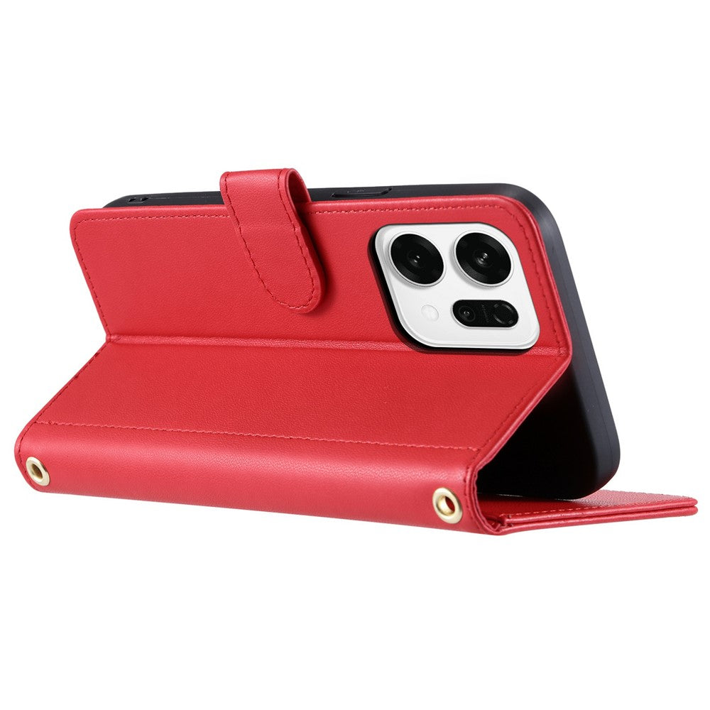 For Oppo Reno14 Pro 5G (Global) Case Wallet Rhombus Grid PU Leather Phone Cover with Shoulder Strap / Wrist Strap - Red