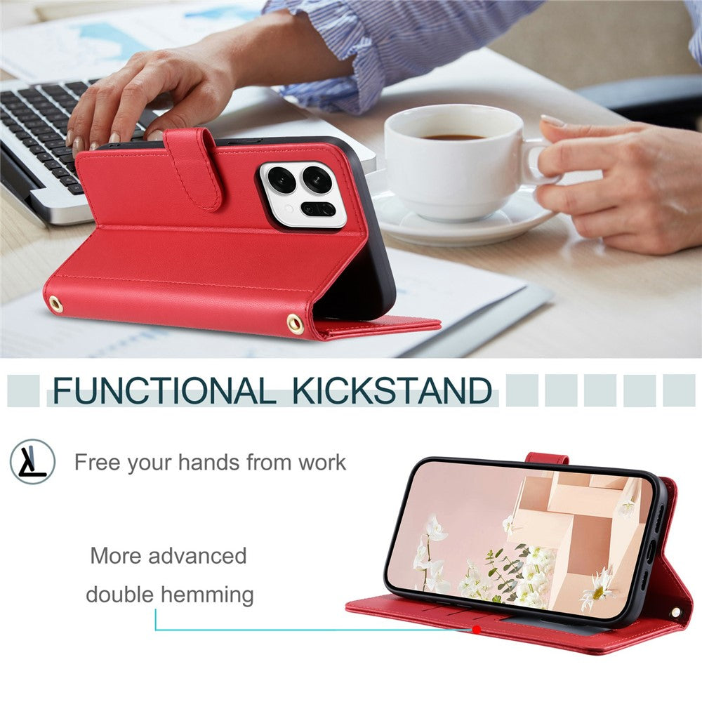 For Oppo Reno14 Pro 5G (Global) Case Wallet Rhombus Grid PU Leather Phone Cover with Shoulder Strap / Wrist Strap - Red