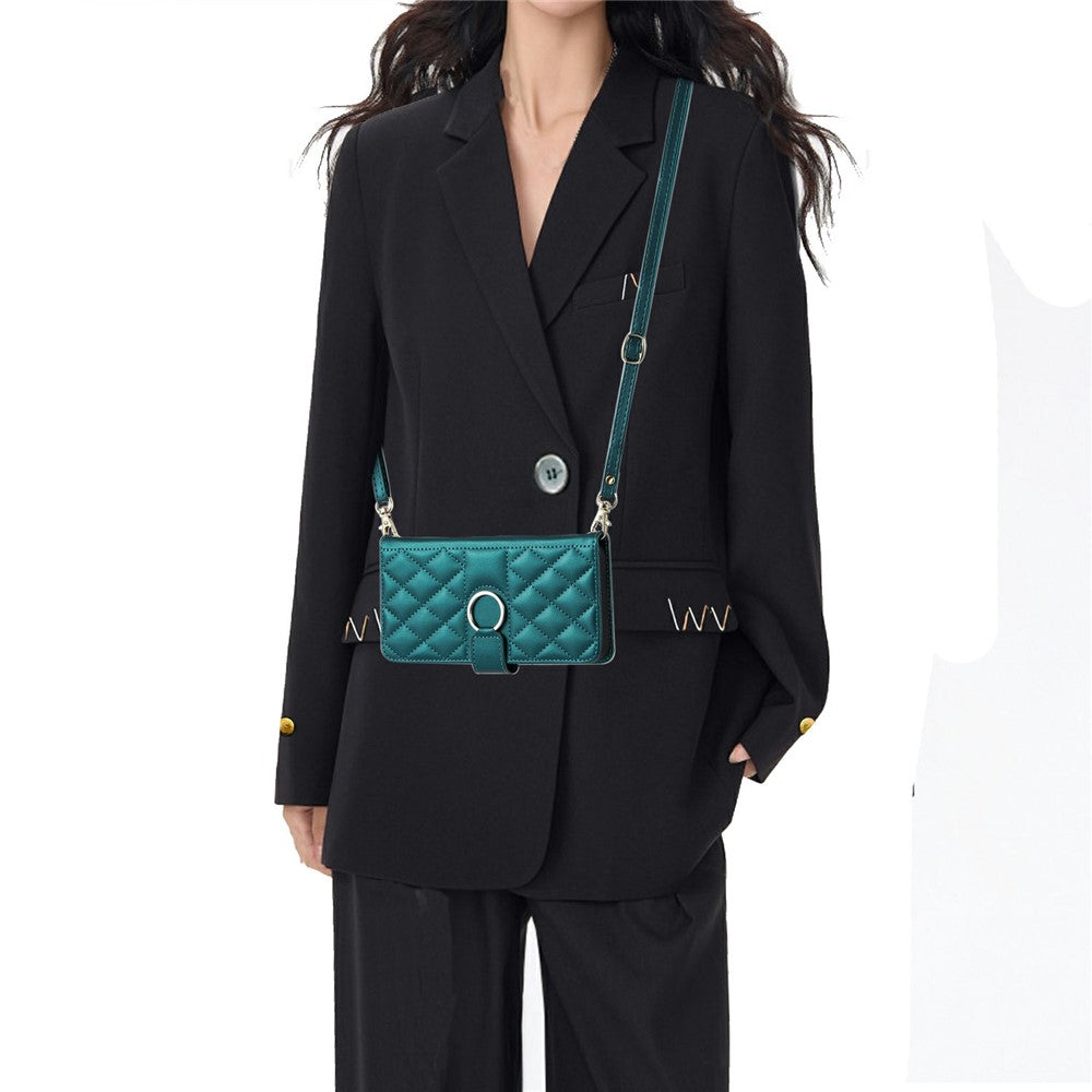 For Oppo Reno14 Pro 5G (Global) Case Ring Buckle Wallet Stand Rhombus Crossbody Leather Mobile Cover - Green