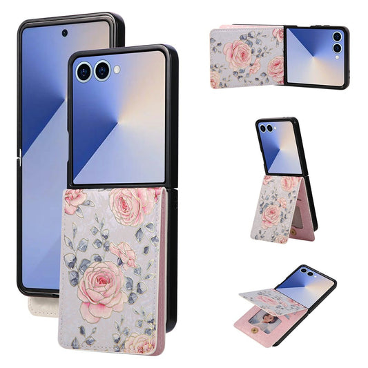For Samsung Galaxy Z Flip7 5G Case Flower Leather PC RFID Blocking Phone Cover Card Slots - Rose