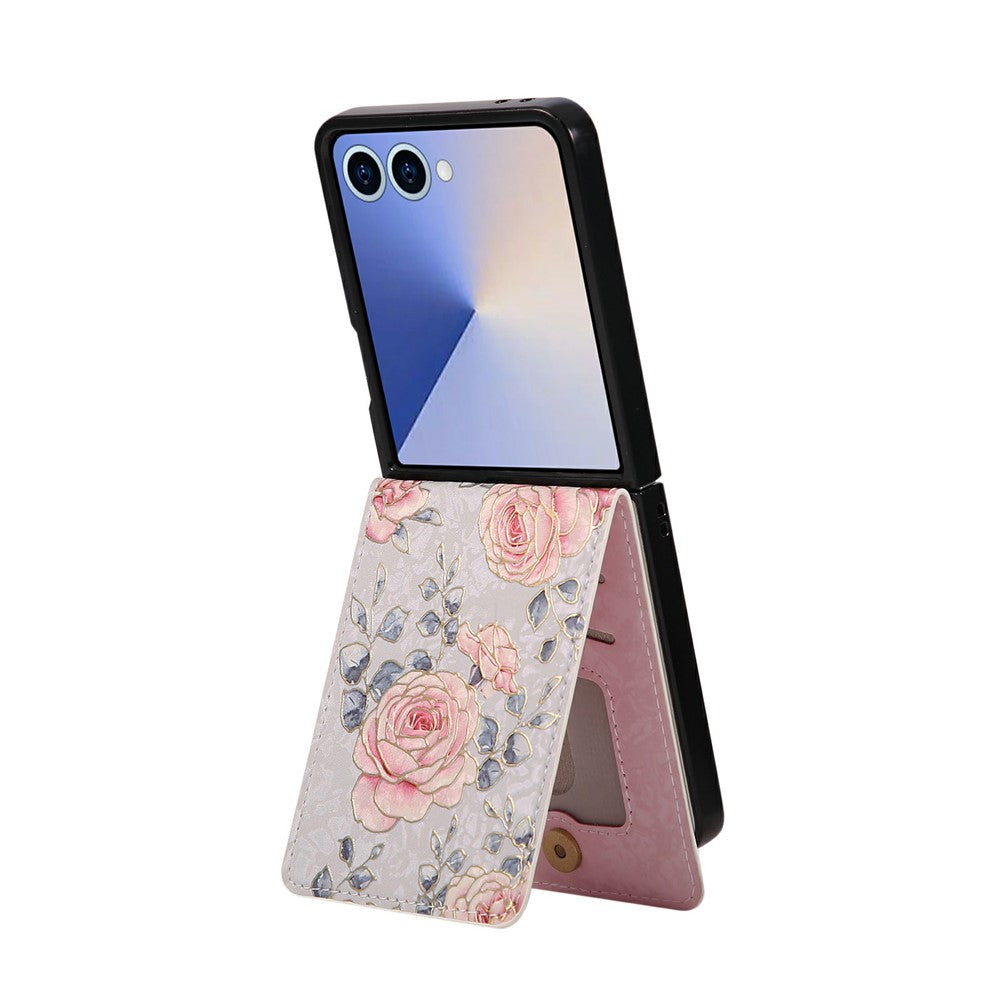For Samsung Galaxy Z Flip7 5G Case Flower Leather PC RFID Blocking Phone Cover Card Slots - Rose
