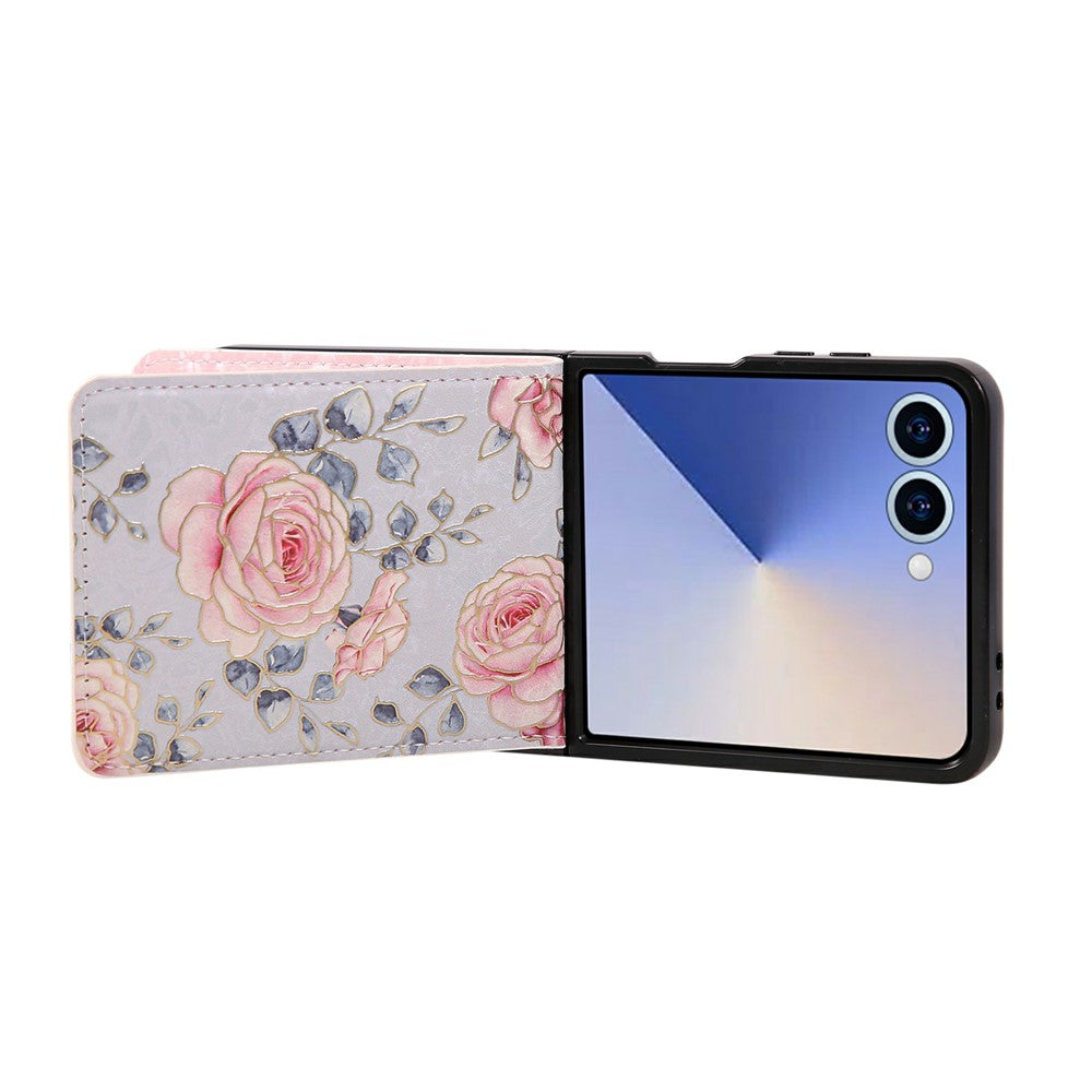 For Samsung Galaxy Z Flip7 5G Case Flower Leather PC RFID Blocking Phone Cover Card Slots - Rose