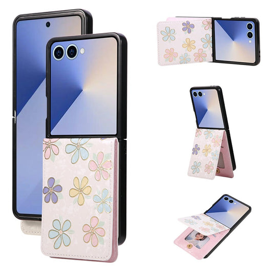 For Samsung Galaxy Z Flip7 5G Case Flower Leather PC RFID Blocking Phone Cover Card Slots - Flowers