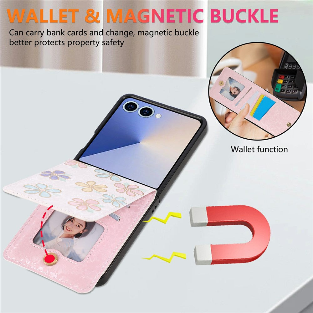 For Samsung Galaxy Z Flip7 5G Case Flower Leather PC RFID Blocking Phone Cover Card Slots - Flowers