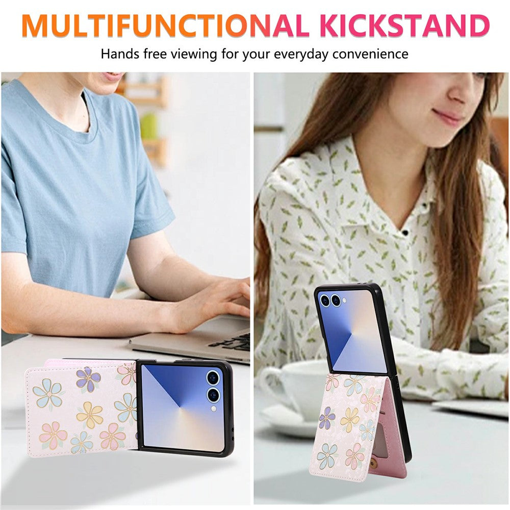 For Samsung Galaxy Z Flip7 5G Case Flower Leather PC RFID Blocking Phone Cover Card Slots - Flowers