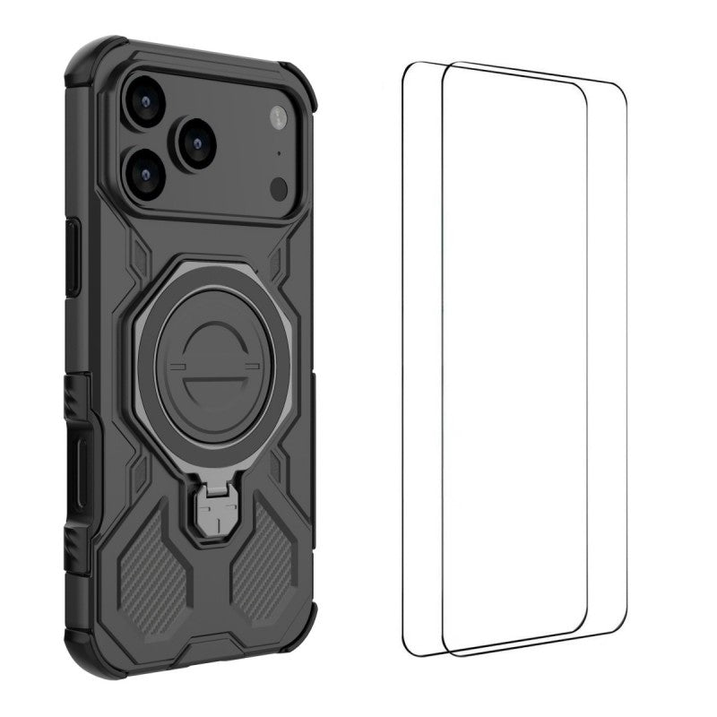 For iPhone 17 Pro Max Case Kickstand with 2Pcs Screen Film WANLONFENG KJ Series PC TPU Phone Cover (Big Lens Hole) - Black