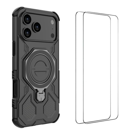 For iPhone 17 Pro Max Case Kickstand with 2Pcs Screen Film WANLONFENG KJ Series PC TPU Phone Cover (Big Lens Hole) - Black