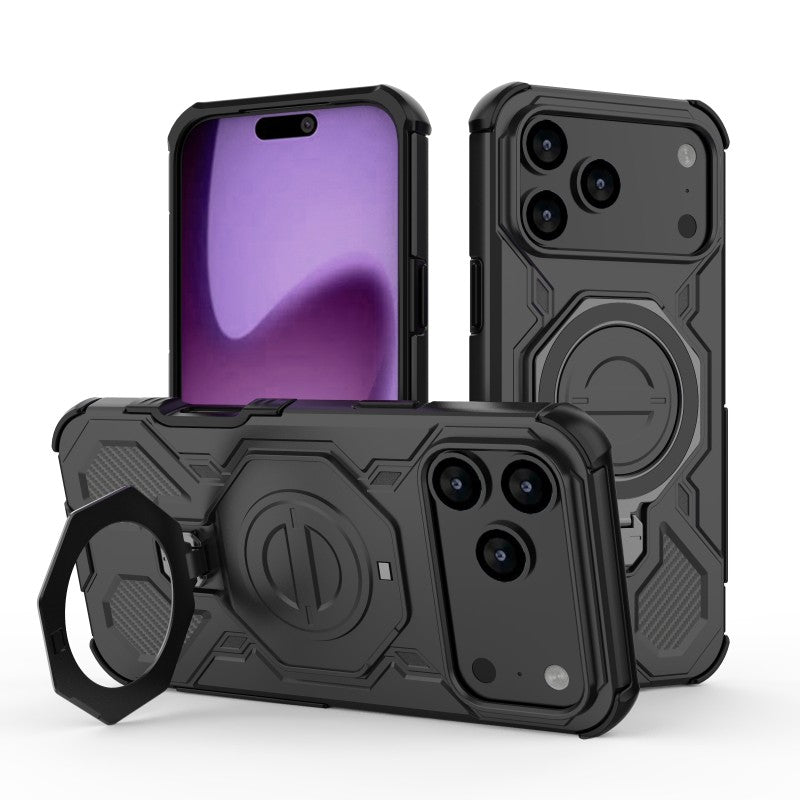 For iPhone 17 Pro Max Case Kickstand with 2Pcs Screen Film WANLONFENG KJ Series PC TPU Phone Cover (Big Lens Hole) - Black