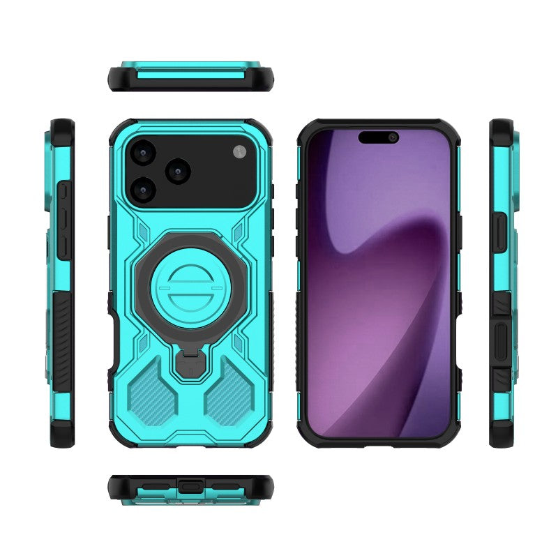 For iPhone 17 Pro Max Case Kickstand with 2Pcs Screen Film WANLONFENG KJ Series PC TPU Phone Cover (Big Lens Hole) - Green