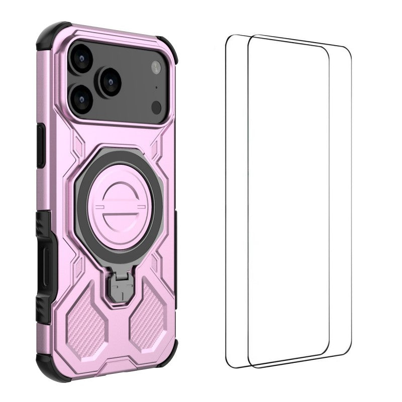 For iPhone 17 Pro Max Case Kickstand with 2Pcs Screen Film WANLONFENG KJ Series PC TPU Phone Cover (Big Lens Hole) - Purple