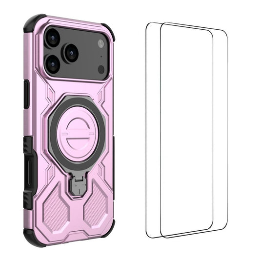 For iPhone 17 Pro Max Case Kickstand with 2Pcs Screen Film WANLONFENG KJ Series PC TPU Phone Cover (Big Lens Hole) - Purple