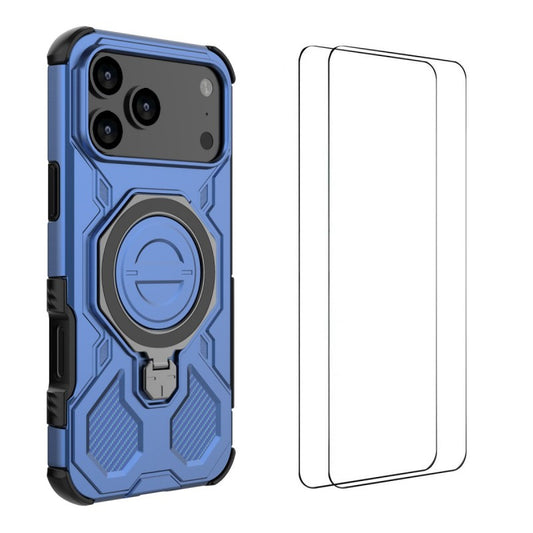 For iPhone 17 Pro Max Case Kickstand with 2Pcs Screen Film WANLONFENG KJ Series PC TPU Phone Cover (Big Lens Hole) - Blue