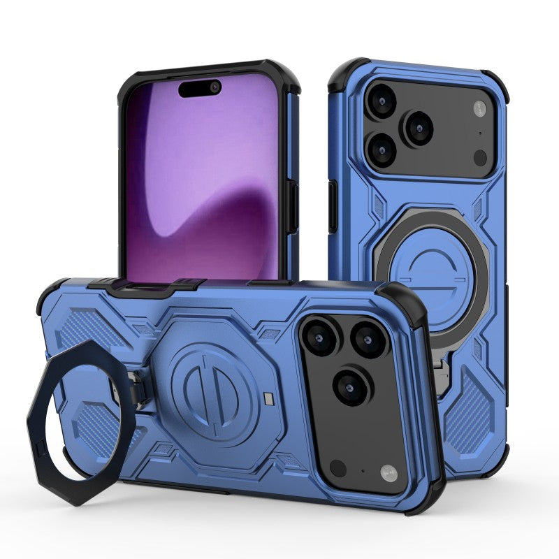 For iPhone 17 Pro Max Case Kickstand with 2Pcs Screen Film WANLONFENG KJ Series PC TPU Phone Cover (Big Lens Hole) - Blue