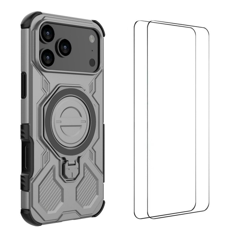 For iPhone 17 Pro Max Case Kickstand with 2Pcs Screen Film WANLONFENG KJ Series PC TPU Phone Cover (Big Lens Hole) - Grey