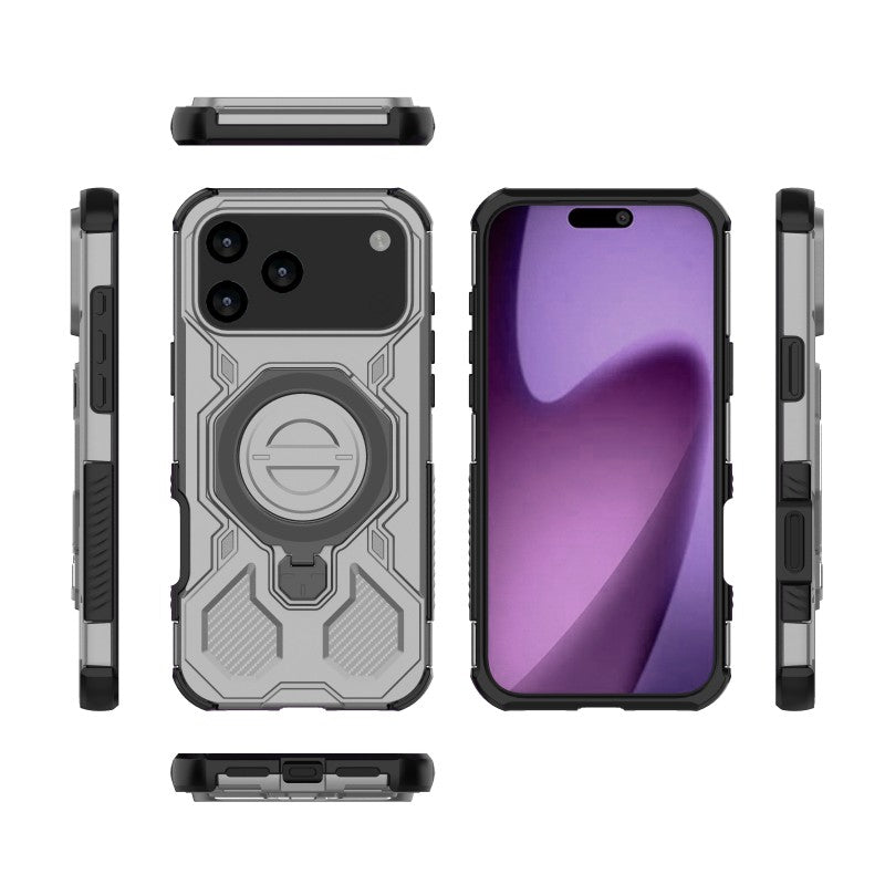 For iPhone 17 Pro Max Case Kickstand with 2Pcs Screen Film WANLONFENG KJ Series PC TPU Phone Cover (Big Lens Hole) - Grey