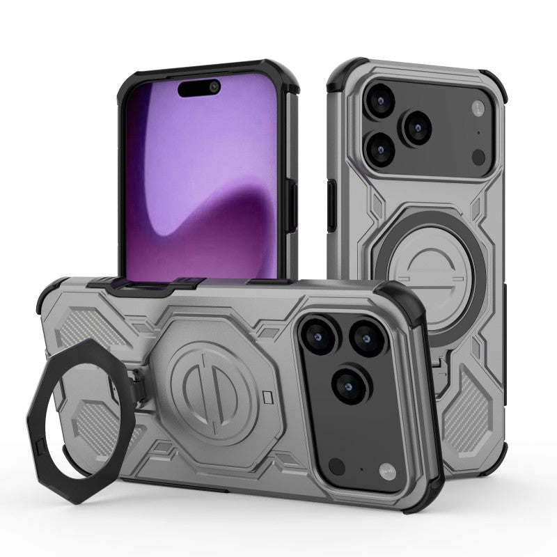 For iPhone 17 Pro Max Case Kickstand with 2Pcs Screen Film WANLONFENG KJ Series PC TPU Phone Cover (Big Lens Hole) - Grey