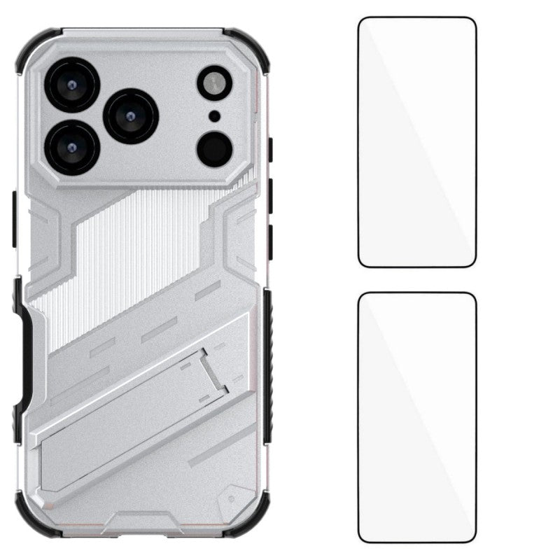 For iPhone 17 Pro Max Case with 2Pcs Tempered Glass WANLONFENG KK Series PC TPU Phone Cover Kickstand Precise Cutouts - Silver