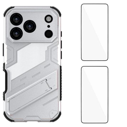 For iPhone 17 Pro Max Case with 2Pcs Tempered Glass WANLONFENG KK Series PC TPU Phone Cover Kickstand Precise Cutouts - Silver