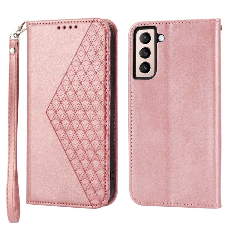 For Samsung Galaxy S21 FE 5G Calf Texture Imprinted Rhombus Pattern PU Leather Case Stand Wallet Magnetic Auto Closing Cover with Strap - Rose Gold