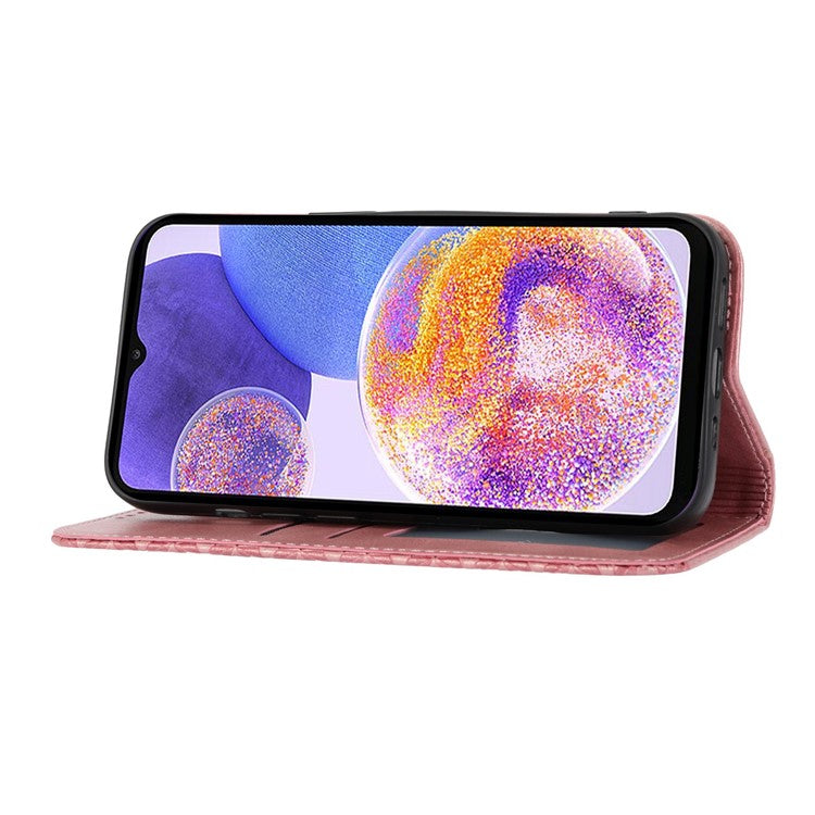 For Samsung Galaxy S21 FE 5G Calf Texture Imprinted Rhombus Pattern PU Leather Case Stand Wallet Magnetic Auto Closing Cover with Strap - Rose Gold