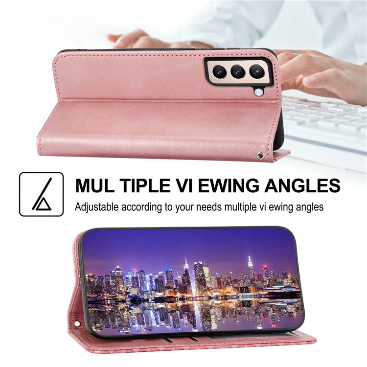 For Samsung Galaxy S21 FE 5G Calf Texture Imprinted Rhombus Pattern PU Leather Case Stand Wallet Magnetic Auto Closing Cover with Strap - Rose Gold