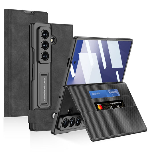 GKK For Samsung Galaxy Z Fold7 5G Case Matte PU + PC + Tempered Glass Wallet Phone Cover with Stand - Black
