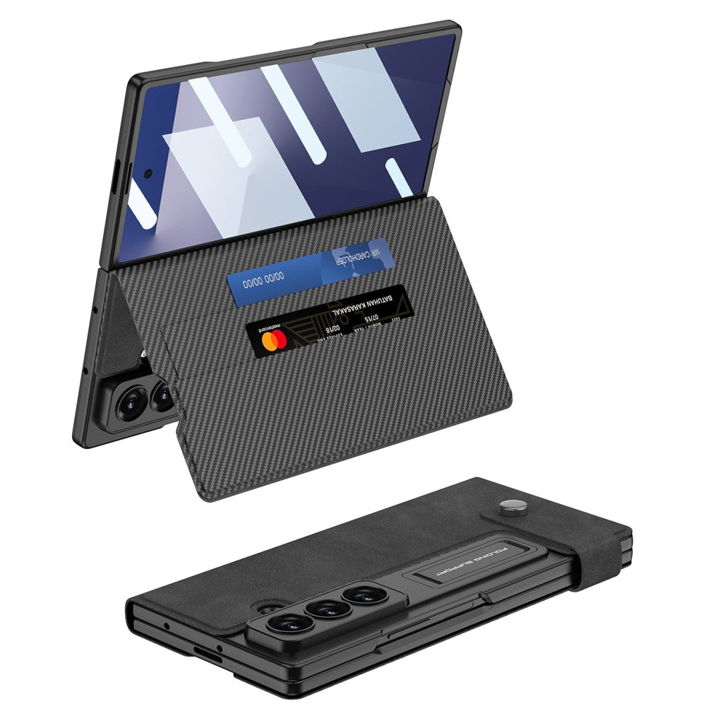GKK For Samsung Galaxy Z Fold7 5G Case Matte PU + PC + Tempered Glass Wallet Phone Cover with Stand - Black